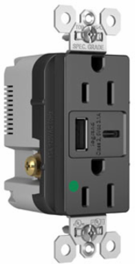Hospital-Grade 15A 125V Duplex Receptacle with USB Ports, Black