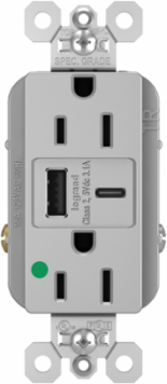15A 125V Hospital-Grade Tamper-Resistant Duplex Receptacle, 3.1A USB Ports, Gray