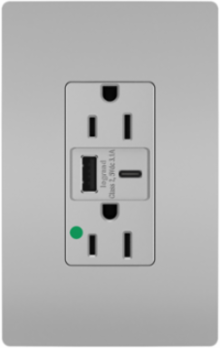 15A 125V Hospital-Grade Tamper-Resistant Duplex Receptacle, 3.1A USB Ports, Gray