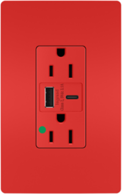 15A 125V Hospital-Grade Tamper-Resistant Duplex Receptacle, Red, USB A/C Charging Ports, 3.1A