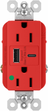 15A 125V Hospital-Grade Tamper-Resistant Duplex Receptacle, Red, USB A/C Charging Ports, 3.1A