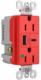 15A 125V Hospital-Grade Tamper-Resistant Duplex Receptacle, Red, USB A/C Charging Ports, 3.1A