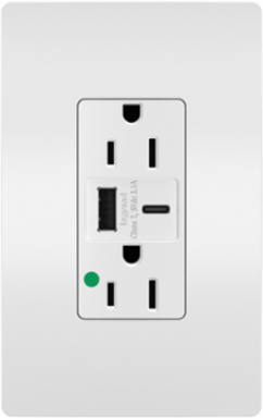 15A 125V Hospital-Grade Duplex Receptacle with USB Ports, White, 1.425 Inch Depth