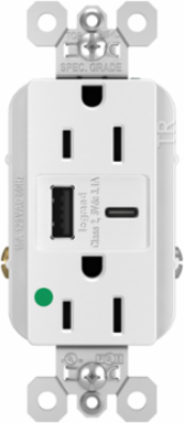 15A 125V Hospital-Grade Duplex Receptacle with USB Ports, White, 1.425 Inch Depth