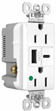 15A 125V Hospital-Grade Duplex Receptacle with USB Ports, White, 1.425 Inch Depth