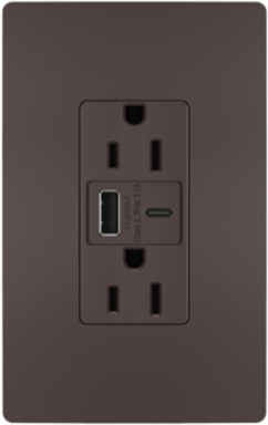 15A Tamper-Resistant Duplex Receptacle with USB A/C Charging Ports, Brown, 1-1/2 Inch Depth, 2-5/8 Inch Height, 1-7/10 Inch Width