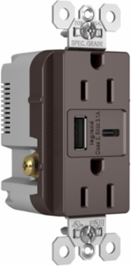 15A Tamper-Resistant Duplex Receptacle with USB A/C Charging Ports, Brown, 1-1/2 Inch Depth, 2-5/8 Inch Height, 1-7/10 Inch Width