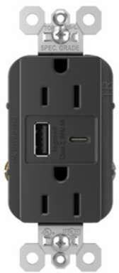 15A 125V Tamper-Resistant Duplex Receptacle, Black, USB A/C Ports, 1.425 Inch Depth