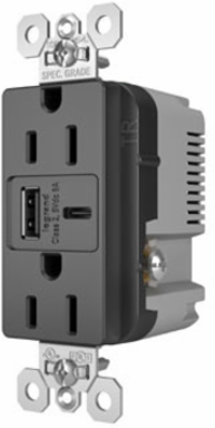 15A 125V Tamper-Resistant Duplex Receptacle, Black, USB A/C Ports, 1.425 Inch Depth