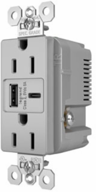 15A Tamper-Resistant Duplex Receptacle with USB A/C Ports, 2.68 Inch Height, Gray