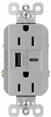 15A Tamper-Resistant Duplex Receptacle with USB A/C Ports, 2.68 Inch Height, Gray