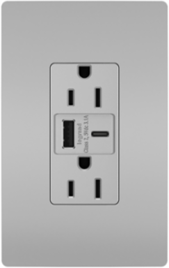 15A Tamper-Resistant Duplex Receptacle with USB A/C Charging Ports, Gray, 1.425 Inch Depth, 1.693 Inch Width, 2.677 Inch Height