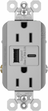15A Tamper-Resistant Duplex Receptacle with USB A/C Charging Ports, Gray, 1.425 Inch Depth, 1.693 Inch Width, 2.677 Inch Height
