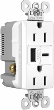 15A Tamper-Resistant Duplex Receptacle with USB A/C Ports, White