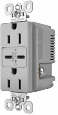 15A Tamper-Resistant Receptacle With 2 USB Type-C Ports, Gray, 1.693 Inch Width