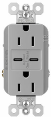 15A Tamper-Resistant Receptacle With 2 USB Type-C Ports, Gray, 1.693 Inch Width