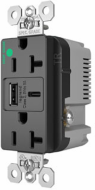 20A 125V Hospital-Grade Tamper-Resistant Receptacle, USB Ports, 1.425 Inch Depth