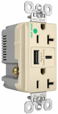 20A 125V Hospital-Grade Tamper-Resistant Receptacle, USB A/C, Light Almond