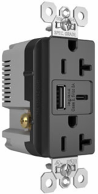 20A Tamper-Resistant Duplex Receptacle with USB Type A/C Ports, Black