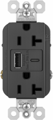 20A 125V Tamper-Resistant Duplex Receptacle with USB A/C Ports, Black, 1.425 Inch Depth, 1.693 Inch Width, 2.677 Inch Height