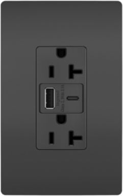 20A 125V Tamper-Resistant Duplex Receptacle with USB A/C Ports, Black, 1.425 Inch Depth, 1.693 Inch Width, 2.677 Inch Height