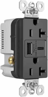 20A 125V Tamper-Resistant Duplex Receptacle with USB A/C Ports, Black, 1.425 Inch Depth, 1.693 Inch Width, 2.677 Inch Height