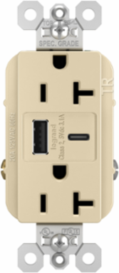 20A 125V Tamper-Resistant Receptacle with USB A/C Ports, Ivory, 1.693 Inch Width, 1.425 Inch Depth, 2.677 Inch Height