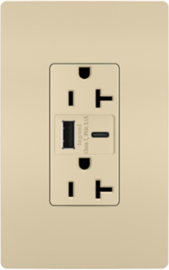 20A 125V Tamper-Resistant Receptacle with USB A/C Ports, Ivory, 1.693 Inch Width, 1.425 Inch Depth, 2.677 Inch Height