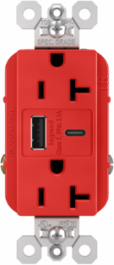 20A 125V Tamper-Resistant Duplex Receptacle with USB Charging Ports, Red, 1.425 Inch Deep, 1.693 Inch Wide, 2.677 Inch High