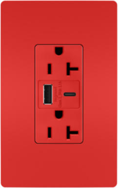 20A 125V Tamper-Resistant Duplex Receptacle with USB Charging Ports, Red, 1.425 Inch Deep, 1.693 Inch Wide, 2.677 Inch High