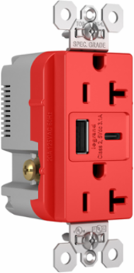 20A 125V Tamper-Resistant Duplex Receptacle with USB Charging Ports, Red, 1.425 Inch Deep, 1.693 Inch Wide, 2.677 Inch High