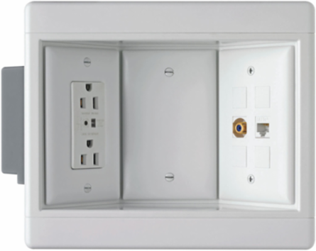Three-Gang Recessed TV Box Kit, White with Surge-Protective Outlet and Cat 5e Jack
