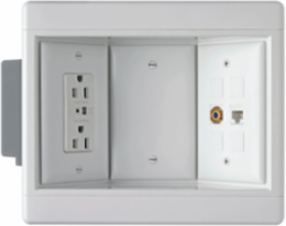 Three-Gang Recessed TV Box Kit, White with Surge-Protective Outlet and Cat 5e Jack