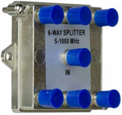 6-Way Vertical Coax Splitter 1 GHz, 2.39 Inch x 3.43 Inch x 1.13 Inch, Cast Alloy