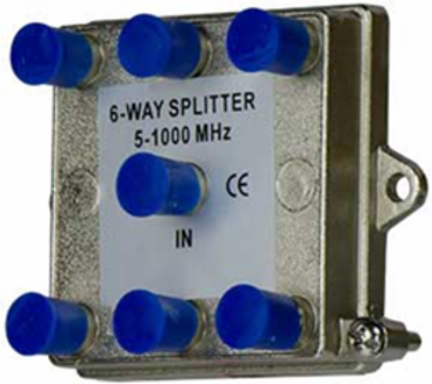 6-Way Vertical Coax Splitter 1 GHz, 2.39 Inch x 3.43 Inch x 1.13 Inch, Cast Alloy