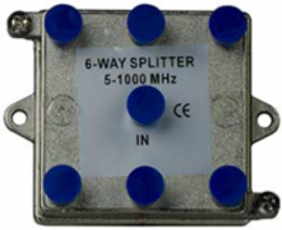 6-Way Vertical Coax Splitter 1 GHz, 2.39 Inch x 3.43 Inch x 1.13 Inch, Cast Alloy