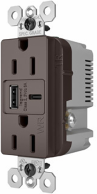 15W Spec Grade Weather-Resistant USB Outlet, Type A/C, 15A, Tamper-Resistant, Brown