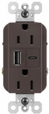 15W Spec Grade Weather-Resistant USB Outlet, Type A/C, 15A, Tamper-Resistant, Brown