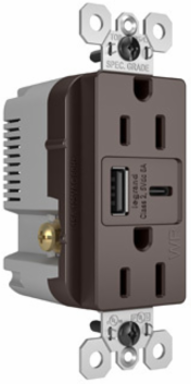 15W Spec Grade Weather-Resistant USB Outlet, Type A/C, 15A, Tamper-Resistant, Brown
