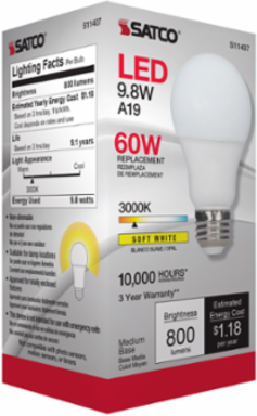 A19 LED Lamp 9.8 Watt 3000K Soft White Medium Base 220 Beam Angle 120 Volt