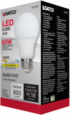 A19 LED Lamp 9.8 Watt 3000K Soft White Medium Base 220 Beam Angle 120 Volt