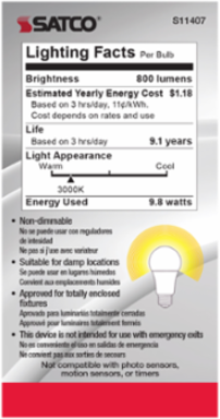 A19 LED Lamp 9.8 Watt 3000K Soft White Medium Base 220 Beam Angle 120 Volt