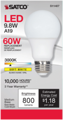A19 LED Lamp 9.8 Watt 3000K Soft White Medium Base 220 Beam Angle 120 Volt