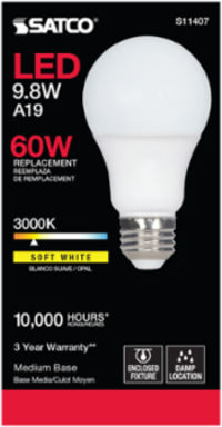 A19 LED Lamp 9.8 Watt 3000K Soft White Medium Base 220 Beam Angle 120 Volt