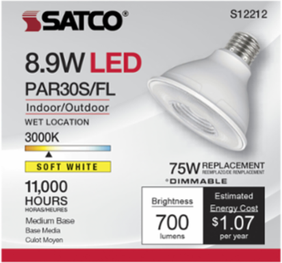 8.9 Watt PAR30S LED Flood Light - 3000K, 40 Degree Beam, Medium Base, Dimmable