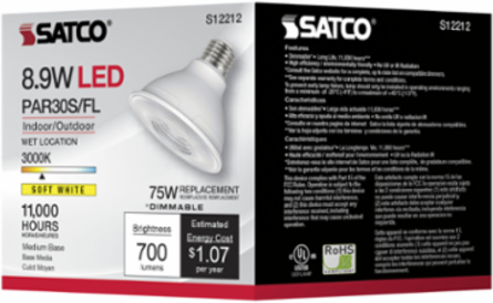 8.9 Watt PAR30S LED Flood Light - 3000K, 40 Degree Beam, Medium Base, Dimmable
