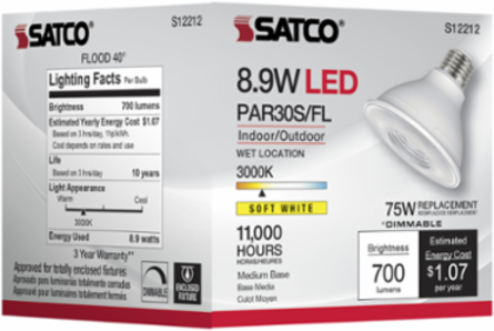 8.9 Watt PAR30S LED Flood Light - 3000K, 40 Degree Beam, Medium Base, Dimmable