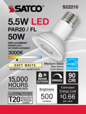 5.5 Watt PAR20 LED Bulb - 90 CRI - 3000K - 40 Beam Angle - Dimmable - Medium Base - 120 Volt