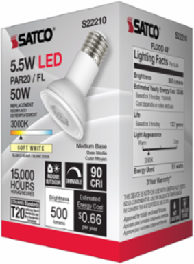 5.5 Watt PAR20 LED Bulb - 90 CRI - 3000K - 40 Beam Angle - Dimmable - Medium Base - 120 Volt