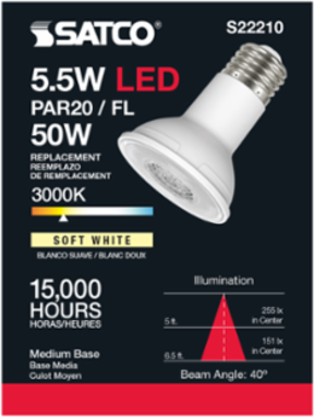 5.5 Watt PAR20 LED Bulb - 90 CRI - 3000K - 40 Beam Angle - Dimmable - Medium Base - 120 Volt